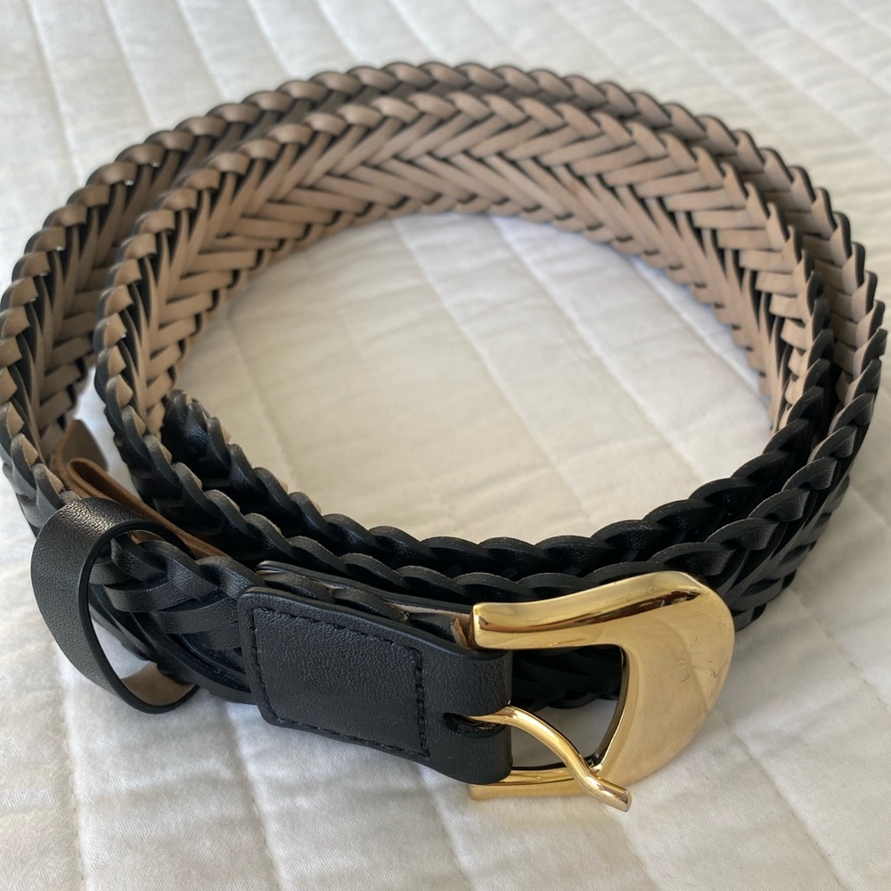 B-Low Belt Woven Black Leather Belt with Gold Buckle